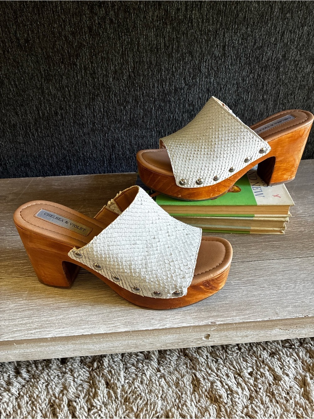 Chelsea & Violet White Snake Leather Mule Heels